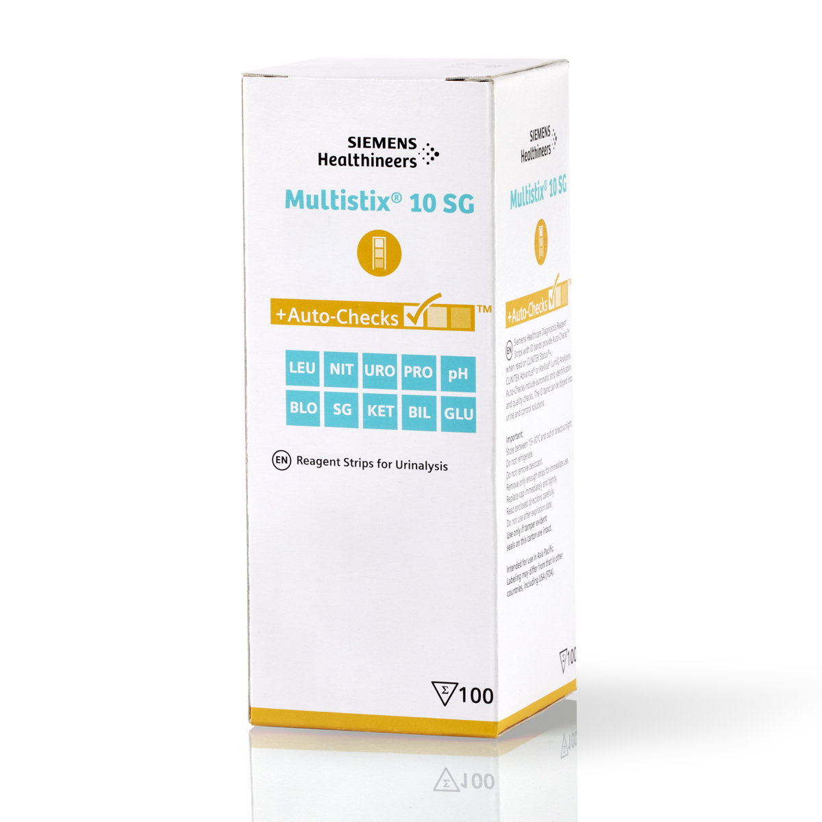 Siemens Healthineers Multistix 10 SG reagent strips box for urinalysis, 100 count, white with blue and yellow accents.