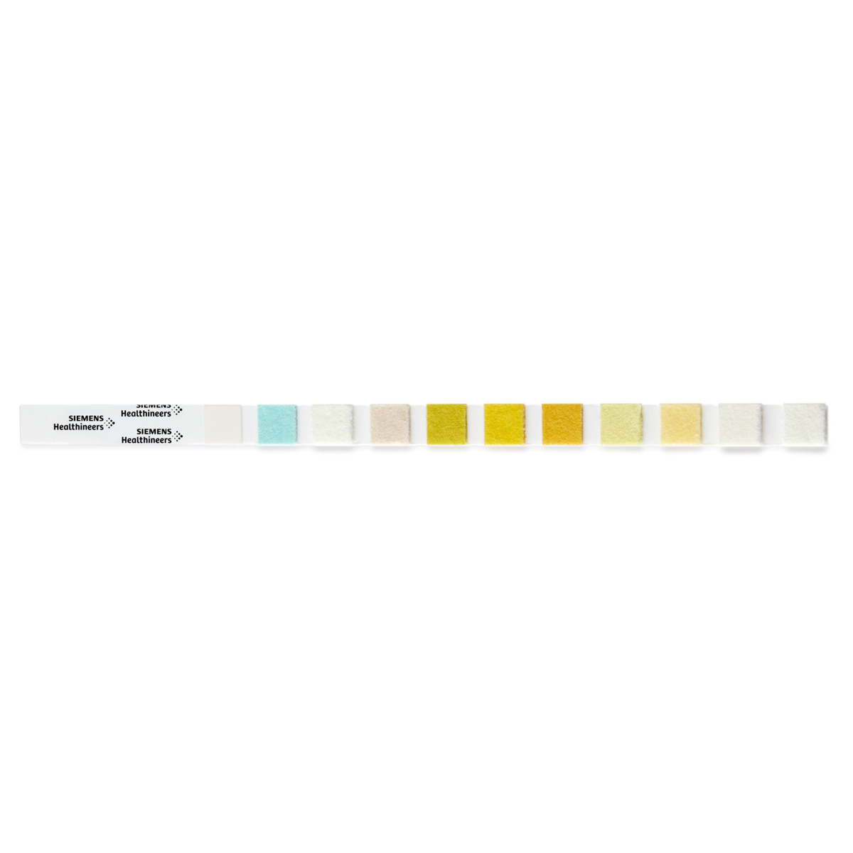 Urine test strip with multiple colored reagent pads, labeled Siemens Healthineers, on a white background.