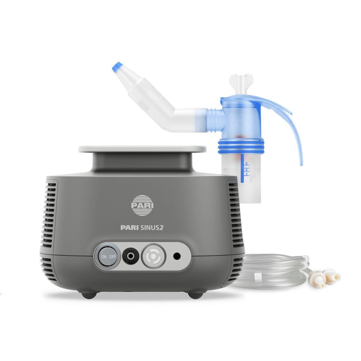 A PARI Sinus2 nebulizer device with tubing and a blue and white nasal applicator.