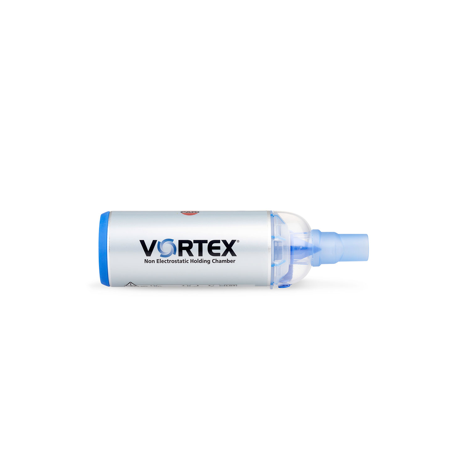Vortex non-electrostatic holding chamber inhaler spacer with blue mouthpiece on a white background.