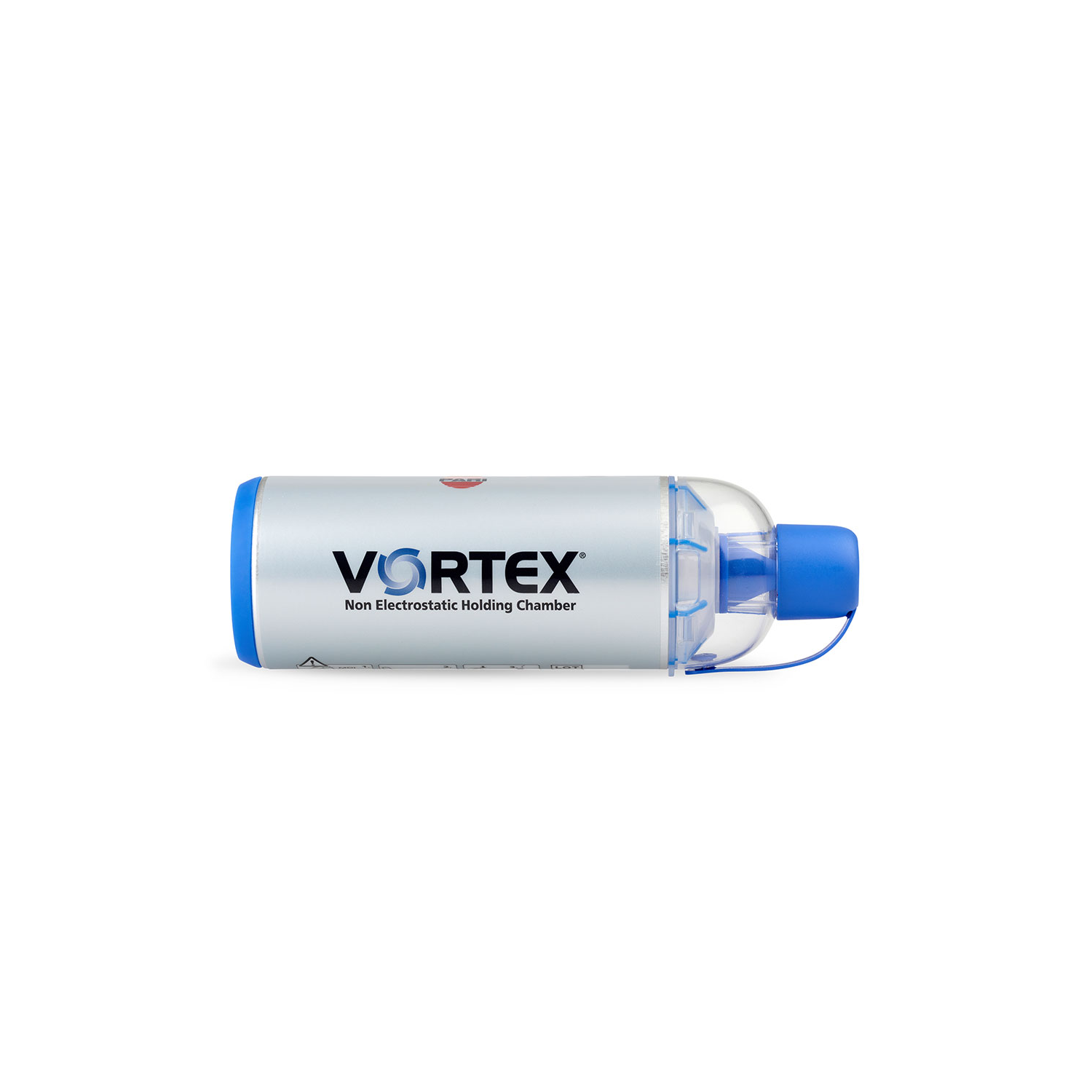 Silver Vortex non-electrostatic holding chamber with blue caps on both ends, lying horizontally.