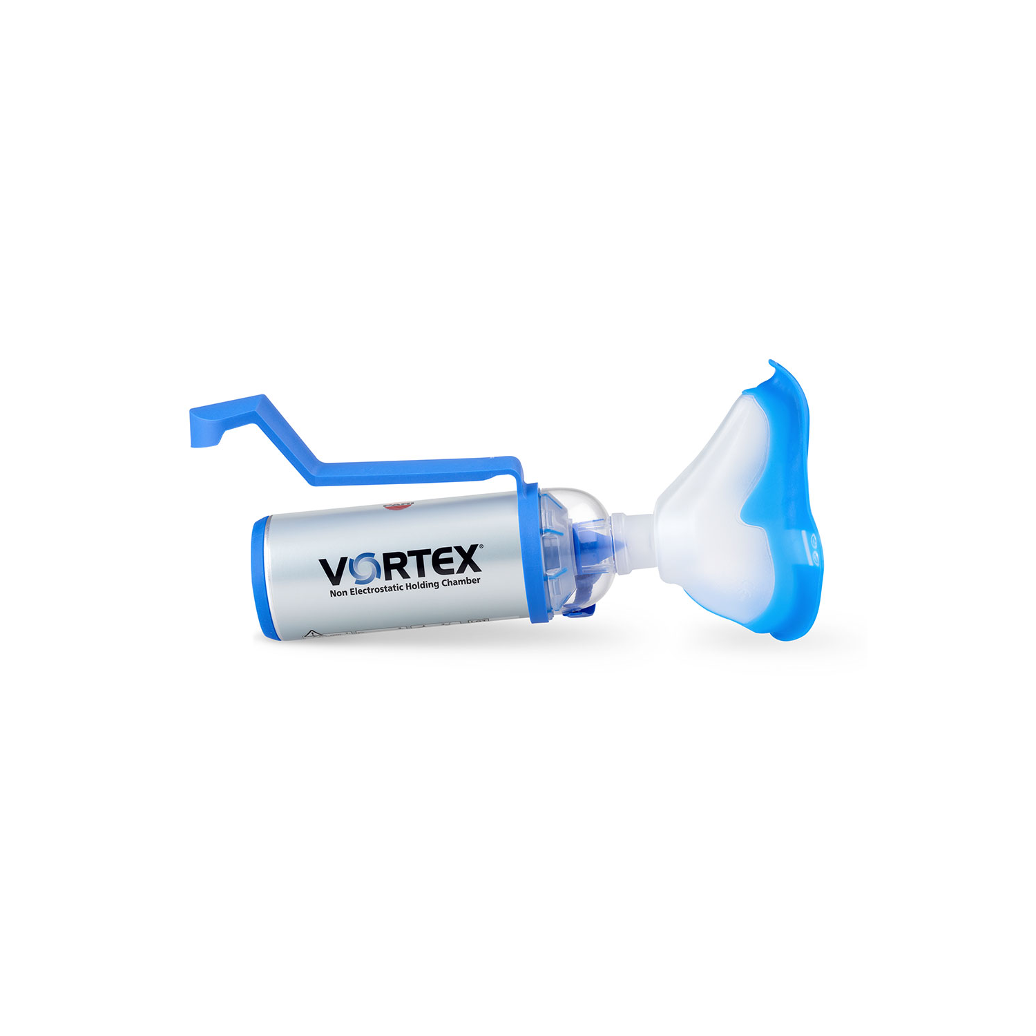 A Vortex non-electrostatic holding chamber with a blue mask and handle, used for inhaler medication.