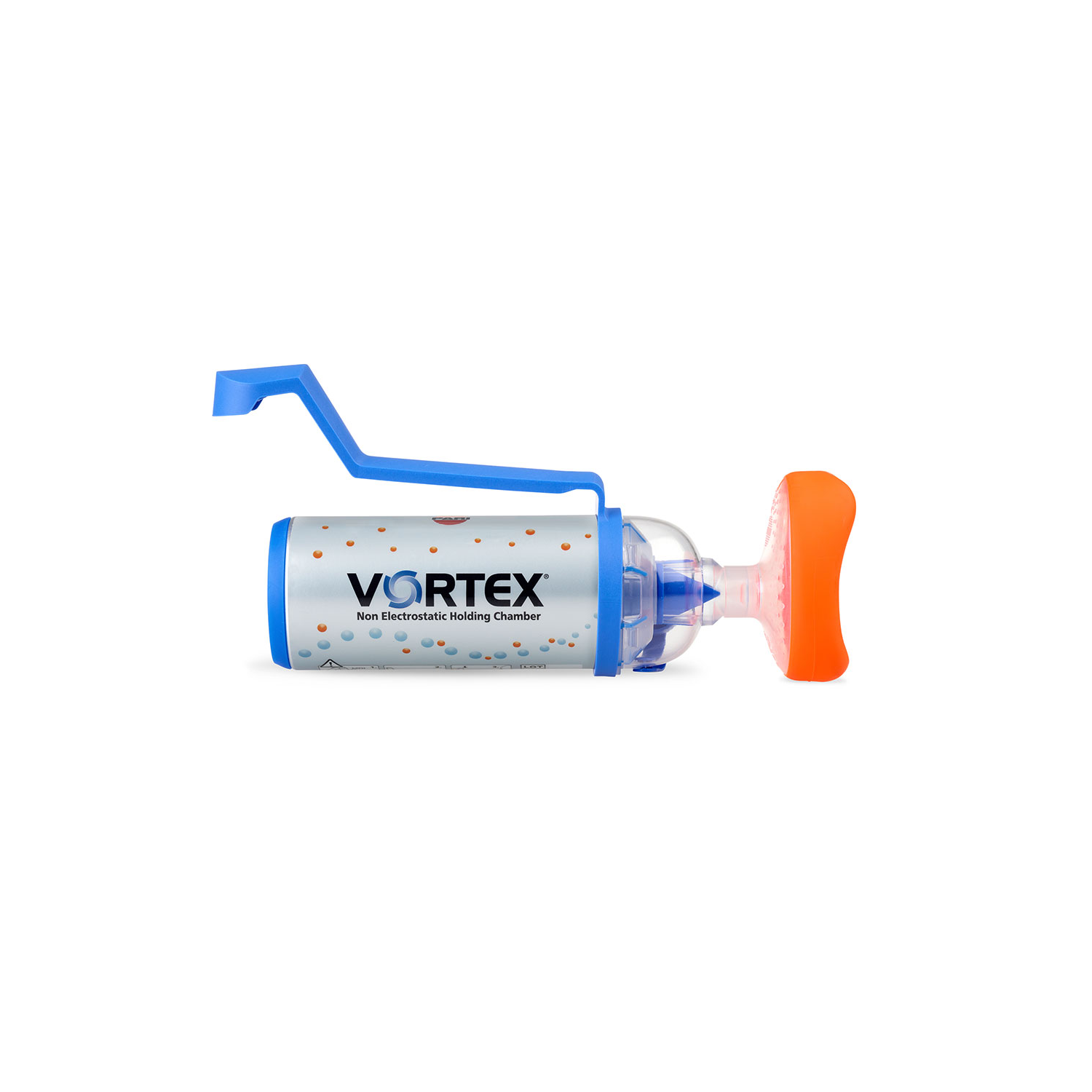 Blue and silver Vortex non electrostatic holding chamber with orange mask, used for inhalation therapy.