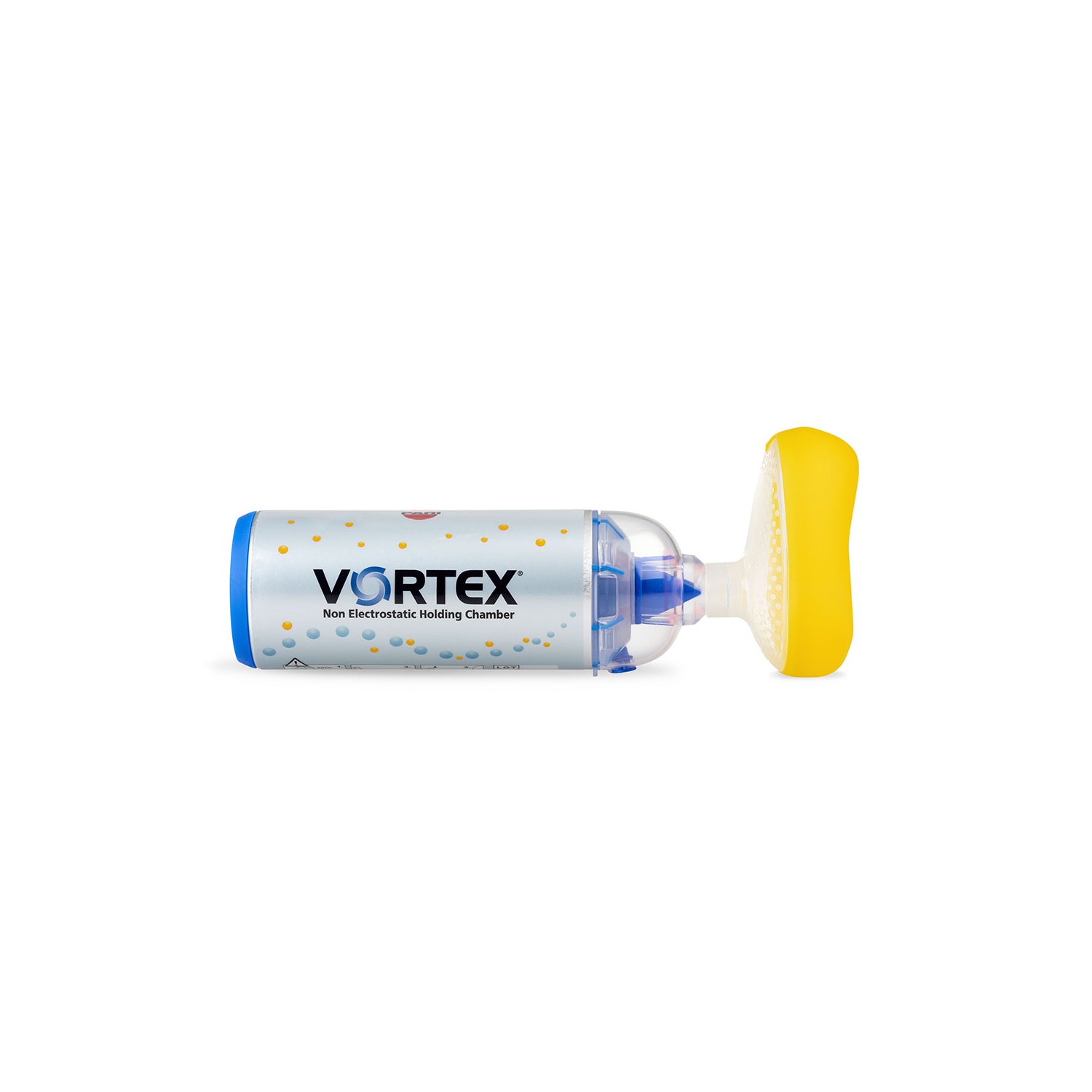 Vortex inhaler chamber with a yellow mask and blue accents, lying on a white background.