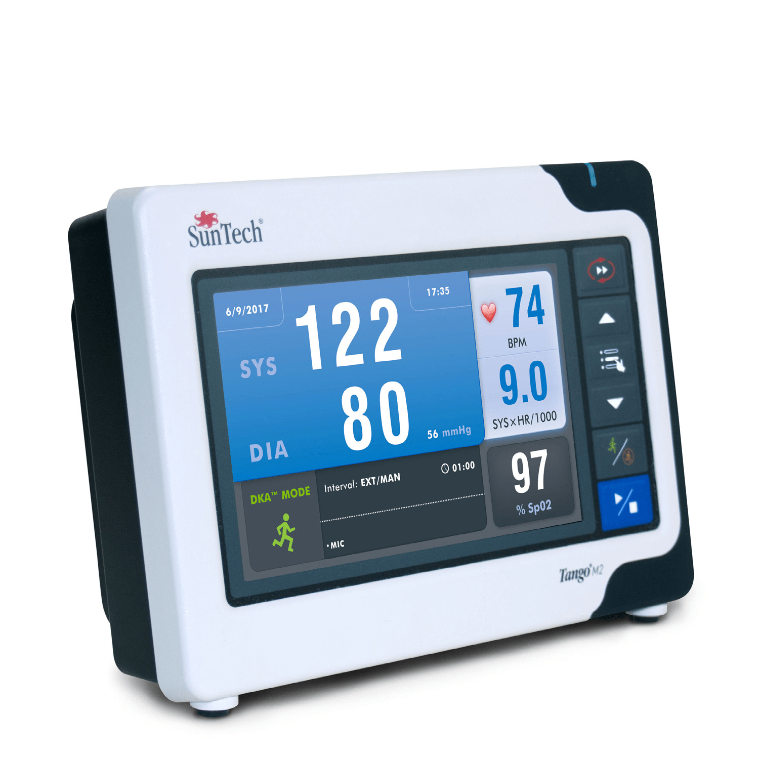 Digital blood pressure monitor displaying systolic 122, diastolic 80, heart rate 74, SpO2 97 percent.