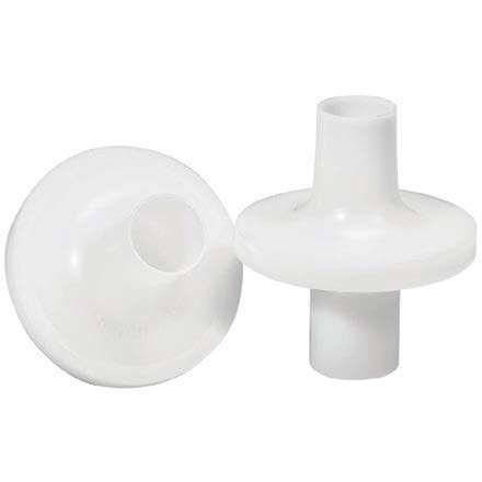 Two white plastic bacterial viral filters, cylindrical with flat bases, commonly used in respiratory therapy.