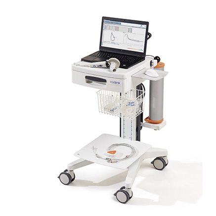 Portable medical device cart with a laptop, respiratory equipment, storage bins, and wheels on a white background.