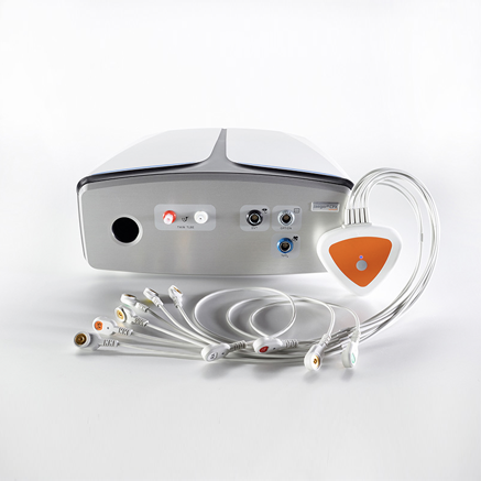 Medical device with control buttons, multiple cables, and connectors spread out on a white background.