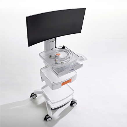 Medical workstation on wheels with a large curved monitor and various equipment on shelves.