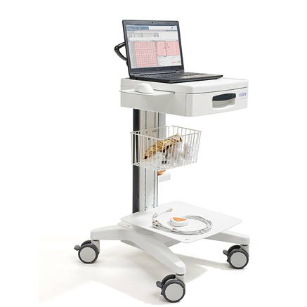 Medical cart with a laptop on top, a wire basket, and medical equipment placed on lower shelves.