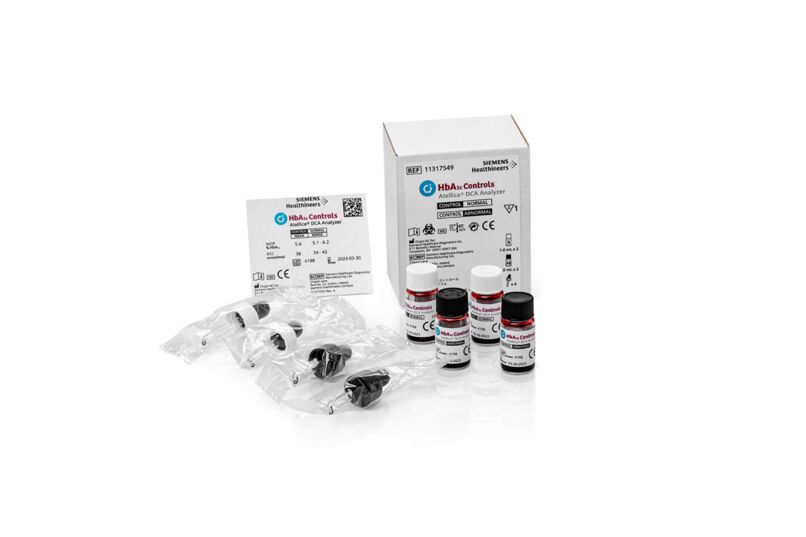 Siemens Healthineers HbA1c Controls kit with vials, labels, instruction card, and box on a white background.