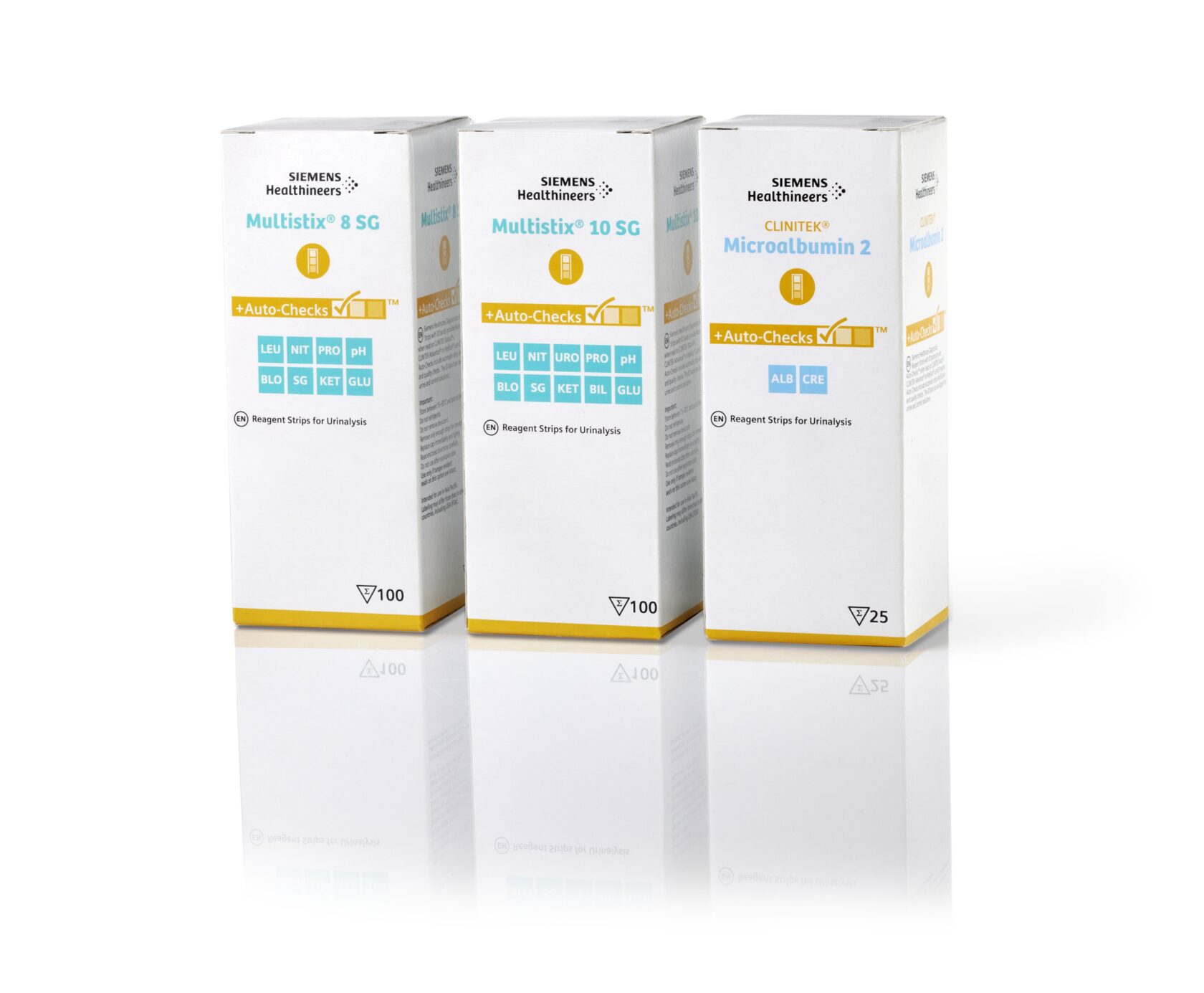 Three Siemens Healthineers urinalysis reagent strip boxes, labeled Multistix 8 SG, Multistix 10 SG, and Microalbumin 2.