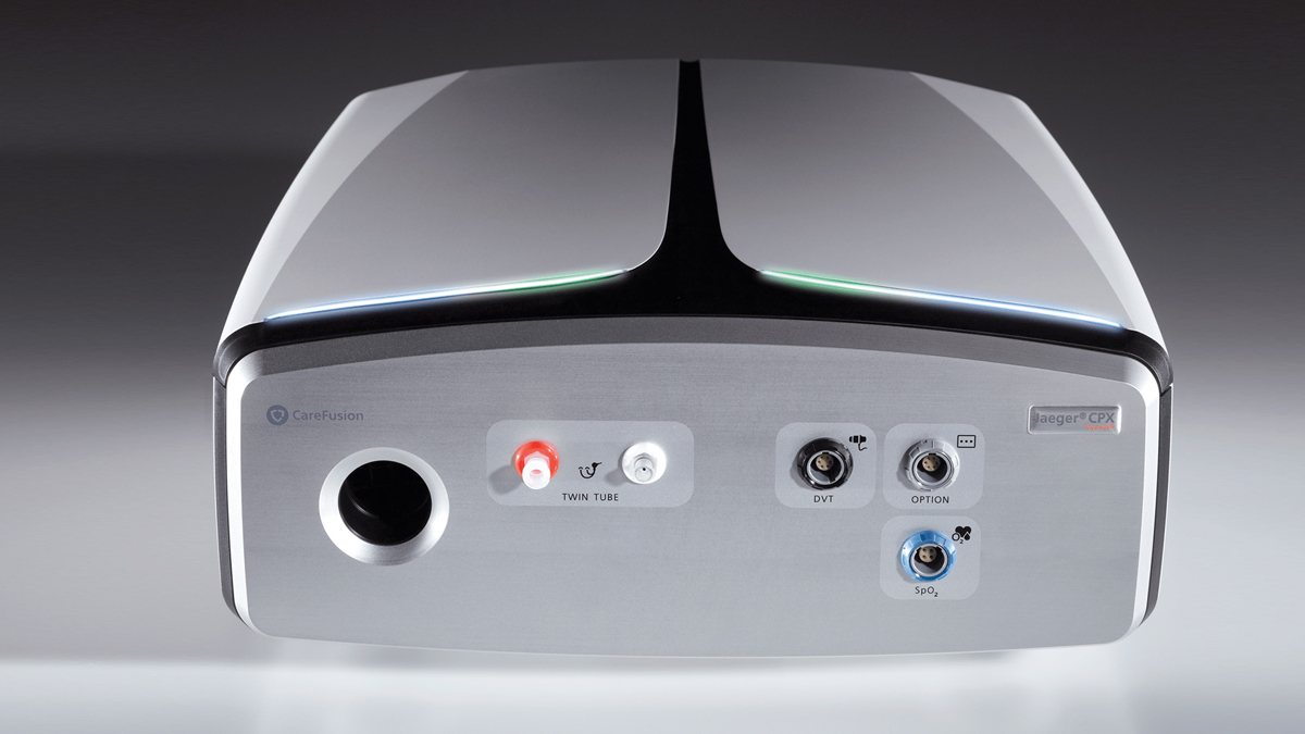 Close-up of a CareFusion Jaeger CPX medical device with connection ports and labeled inputs on the front panel.