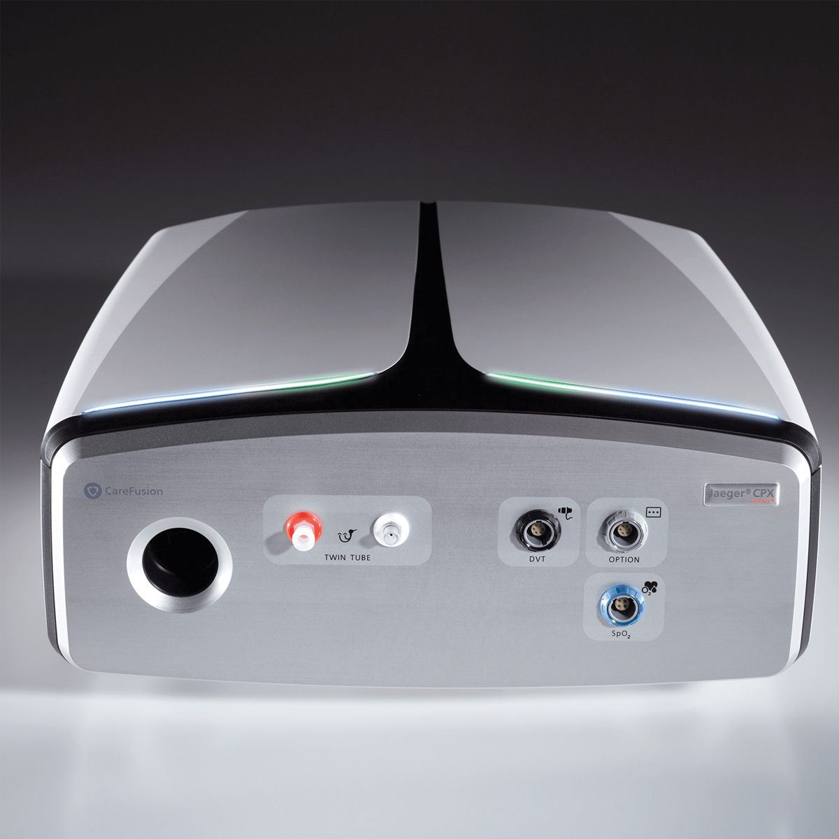 Silver medical device with various labeled input ports and controls on the front panel, branded CareFusion Jaeger CPX.