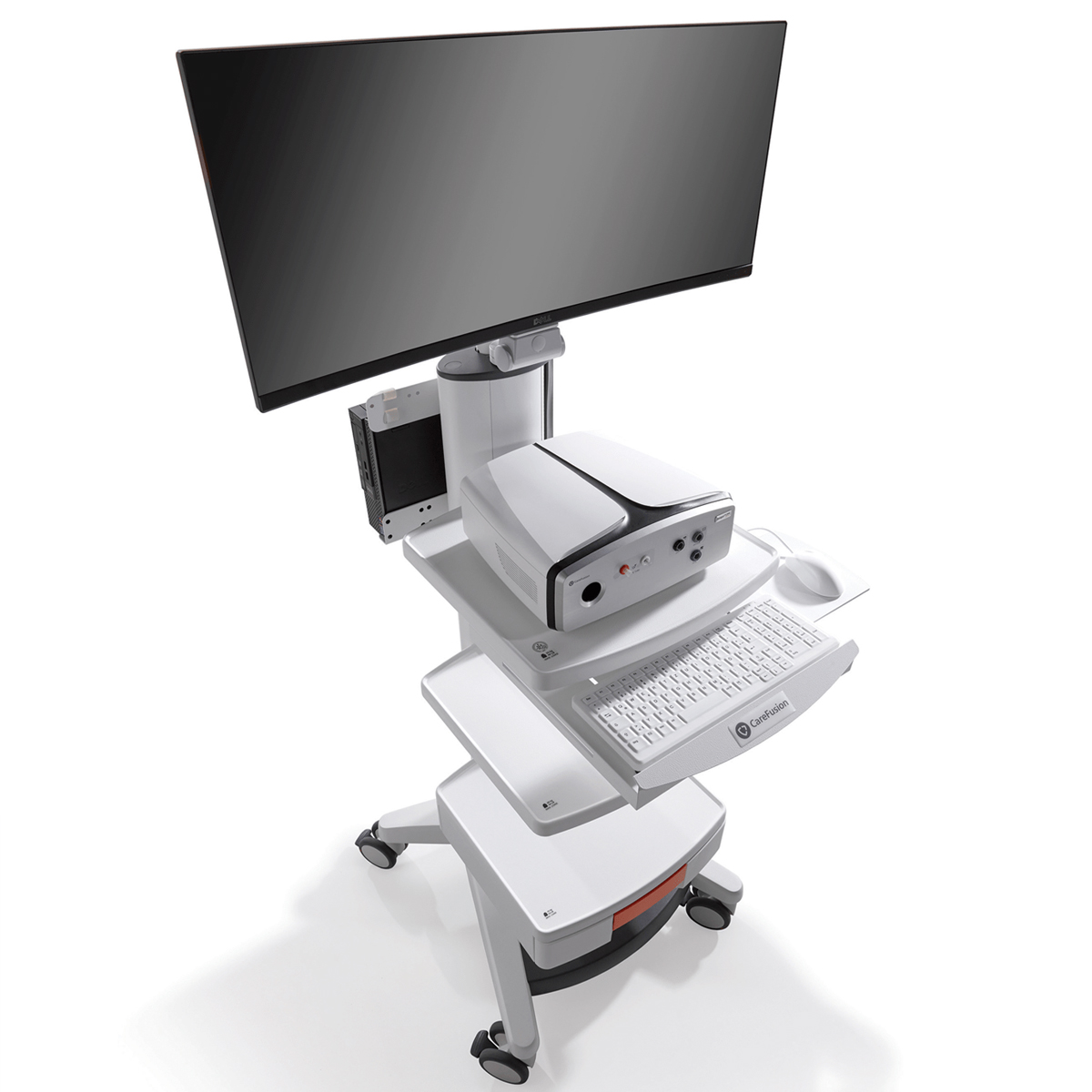 Medical workstation cart with large monitor, computer, keyboard, and multiple shelves on wheels.