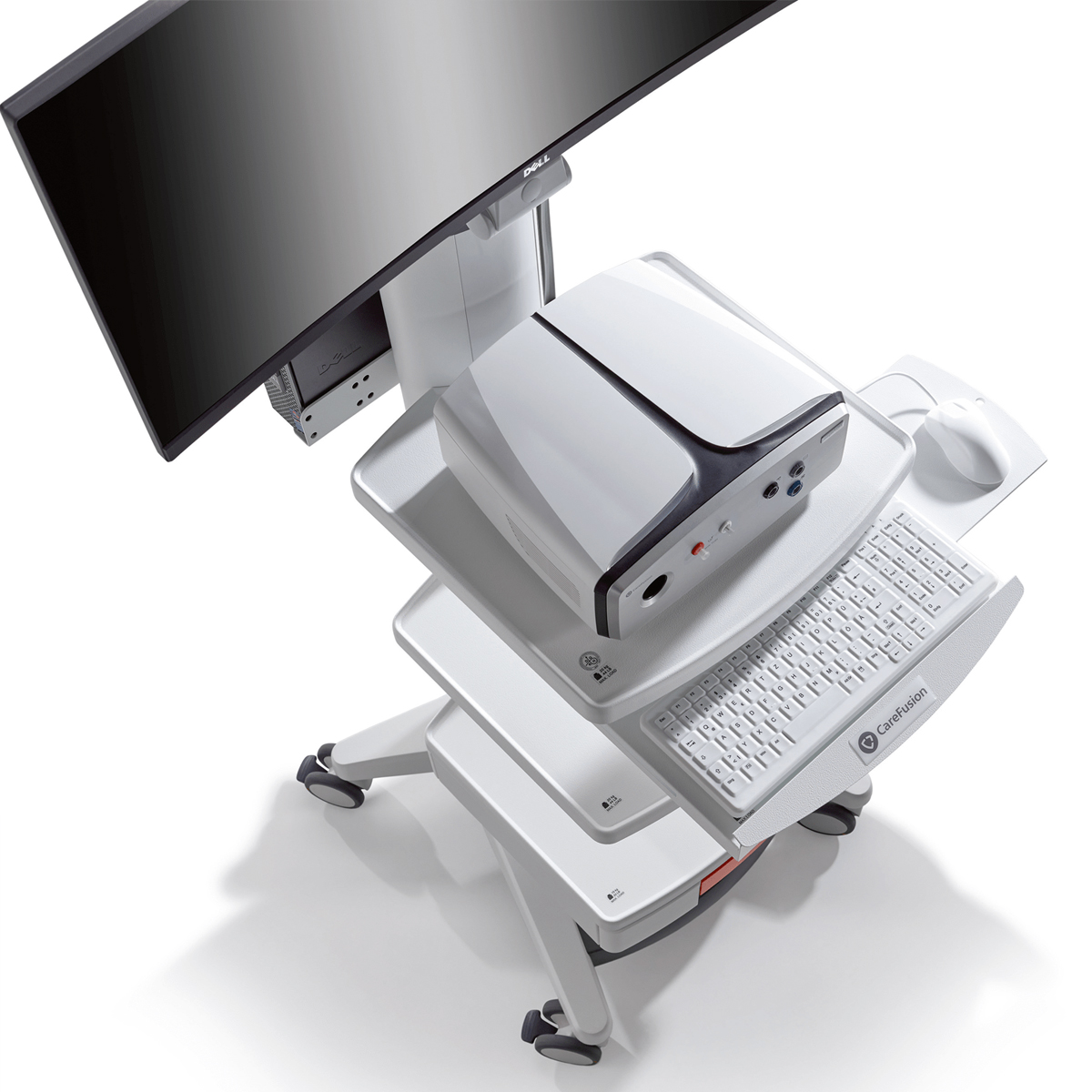 Medical workstation with a large curved monitor, keyboard, and equipment on a mobile cart.