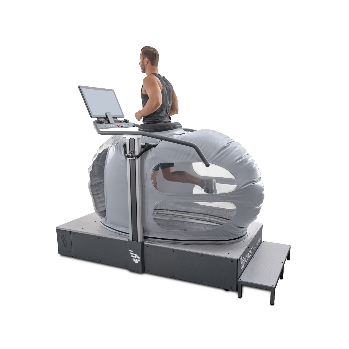 Man running on an anti-gravity treadmill, enclosed in a transparent chamber with a digital control screen.