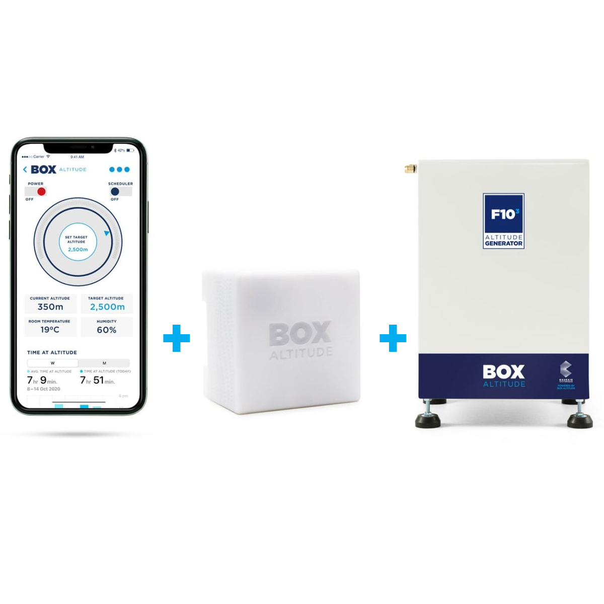 Smartphone displaying altitude control app, a white BOX Altitude device, and an F10 Altitude Generator machine.