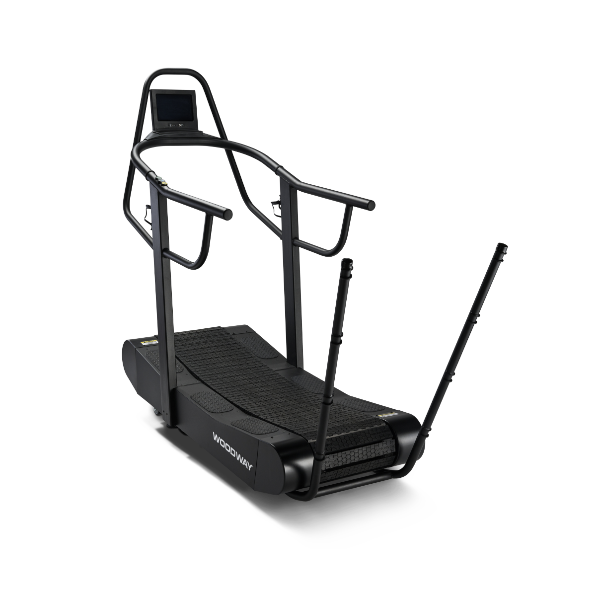 Black Woodway curved treadmill with side and front safety rails, a digital display, and sturdy handrails.