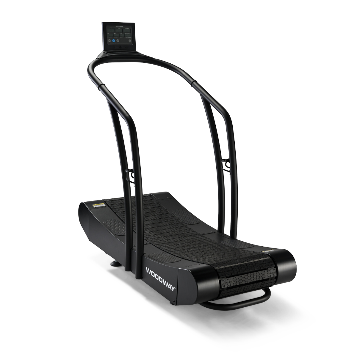 Curved manual treadmill with side handles, a display screen, and the brand name "WOODWAY" on the side.