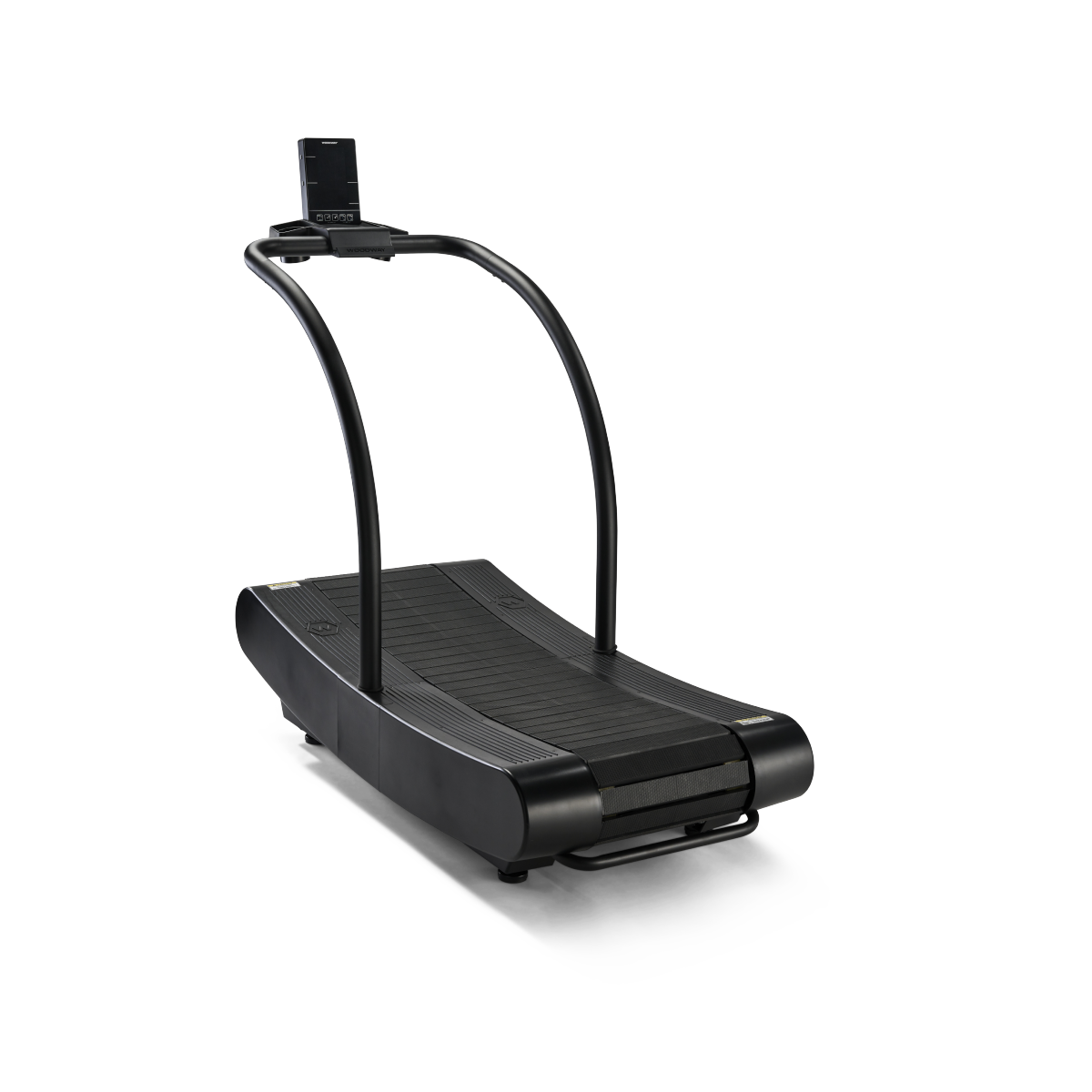 Curved black treadmill with handrails and a display monitor on the front.