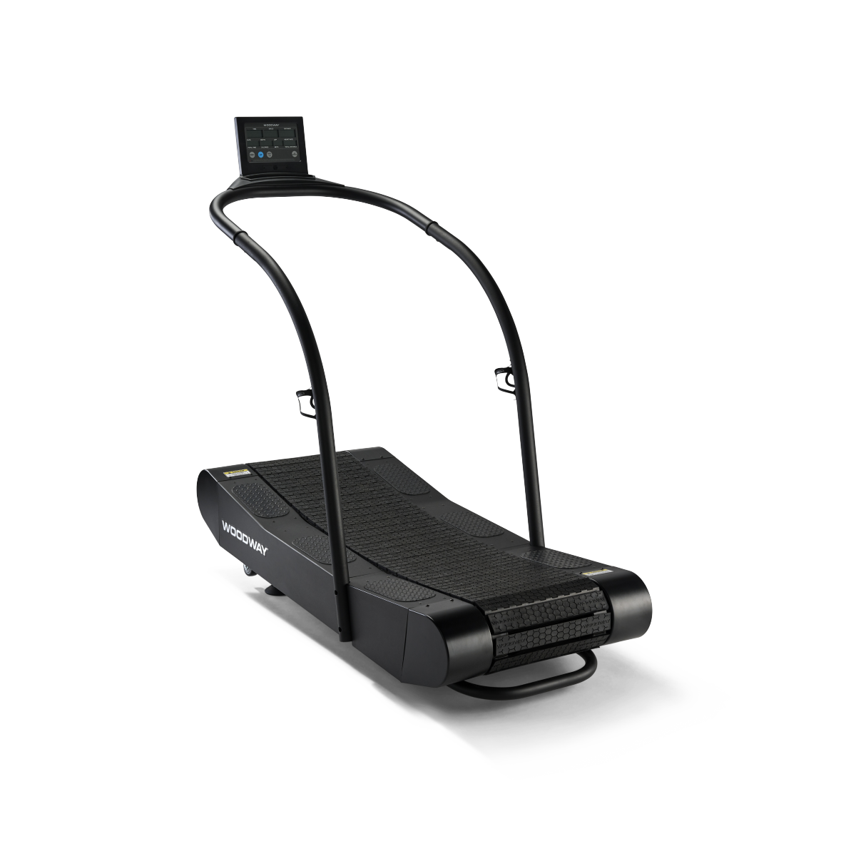 Curved black treadmill with display screen and handrails, branded "Woodway."