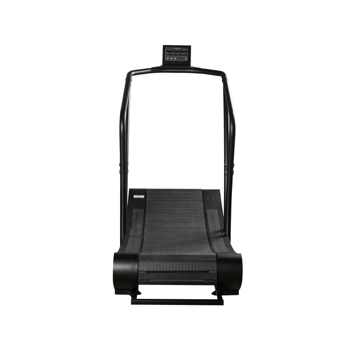 Black curved treadmill with digital display, photographed from the front on a white background.