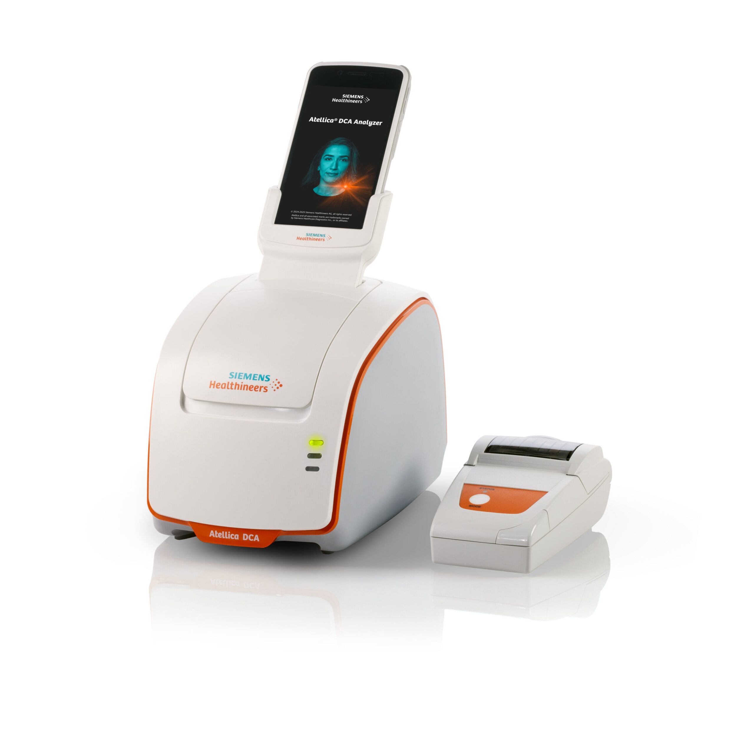 Siemens Healthineers Atellica DCA Analyzer and printer on a white background.