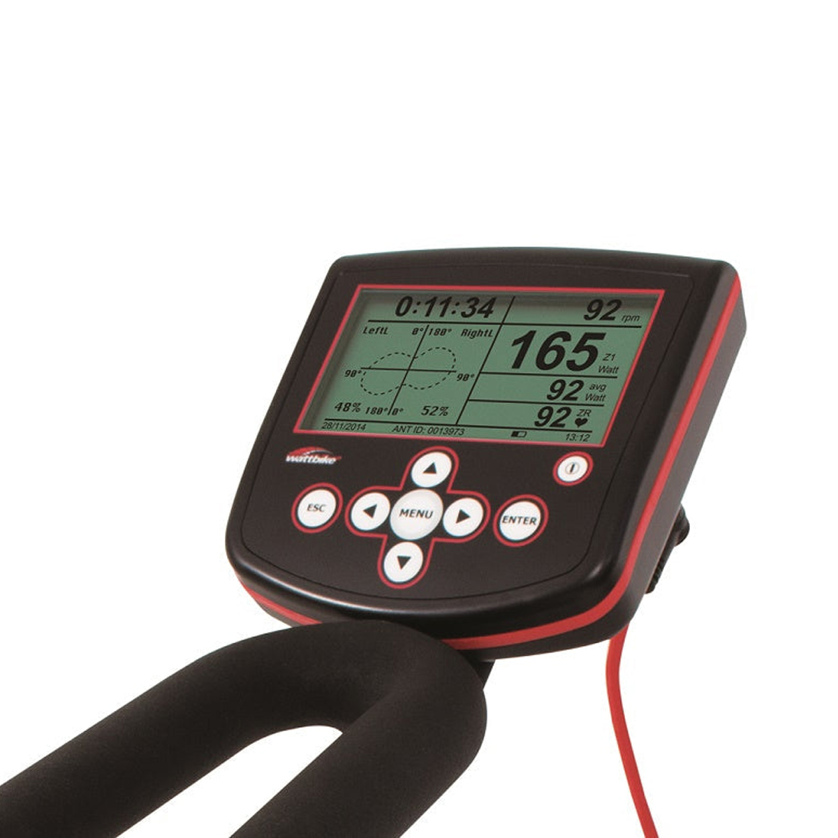 Close-up of a digital exercise bike display panel showing time, cadence, watts, and various performance metrics.