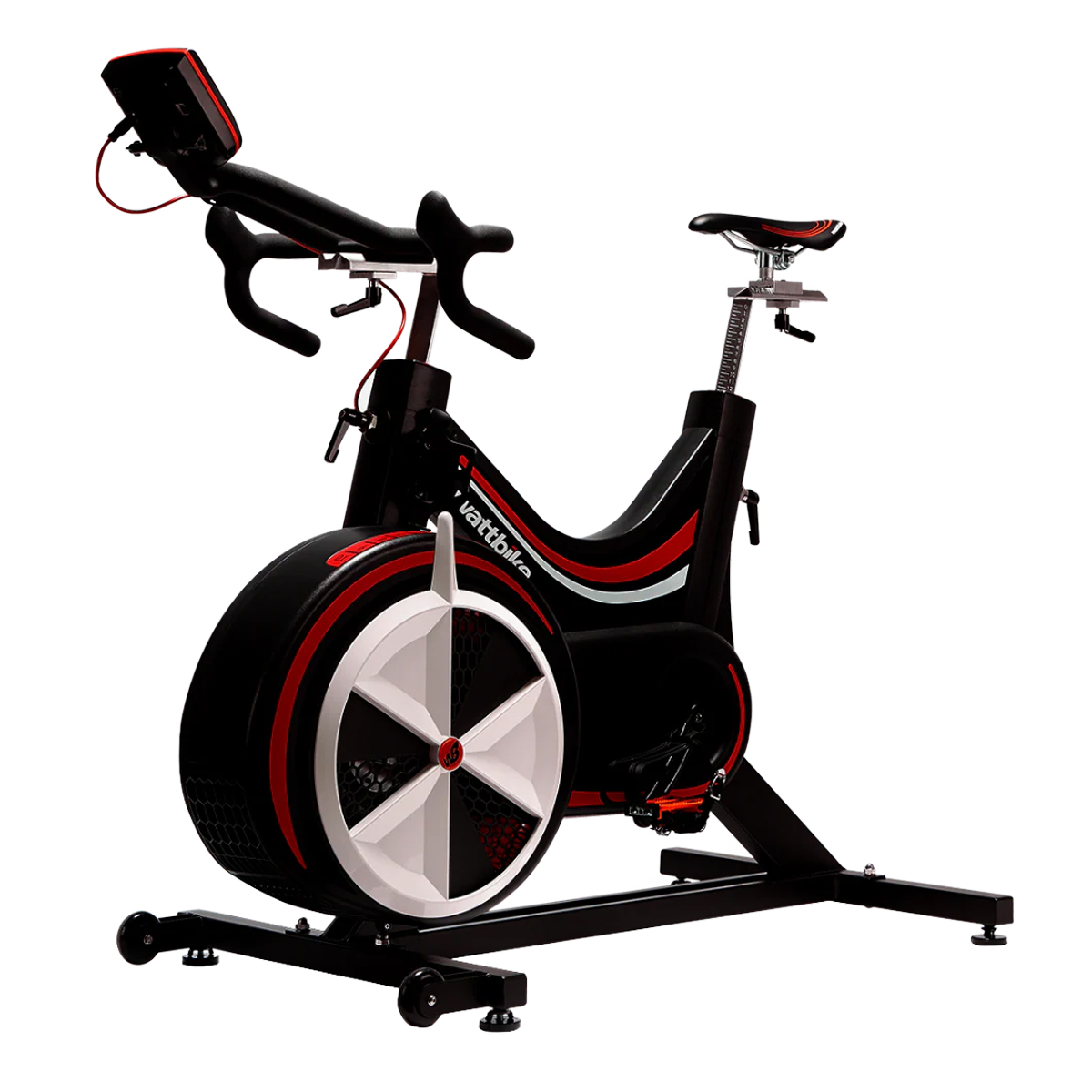 Modern black and red stationary exercise bike with a digital display and adjustable seat and handlebars.