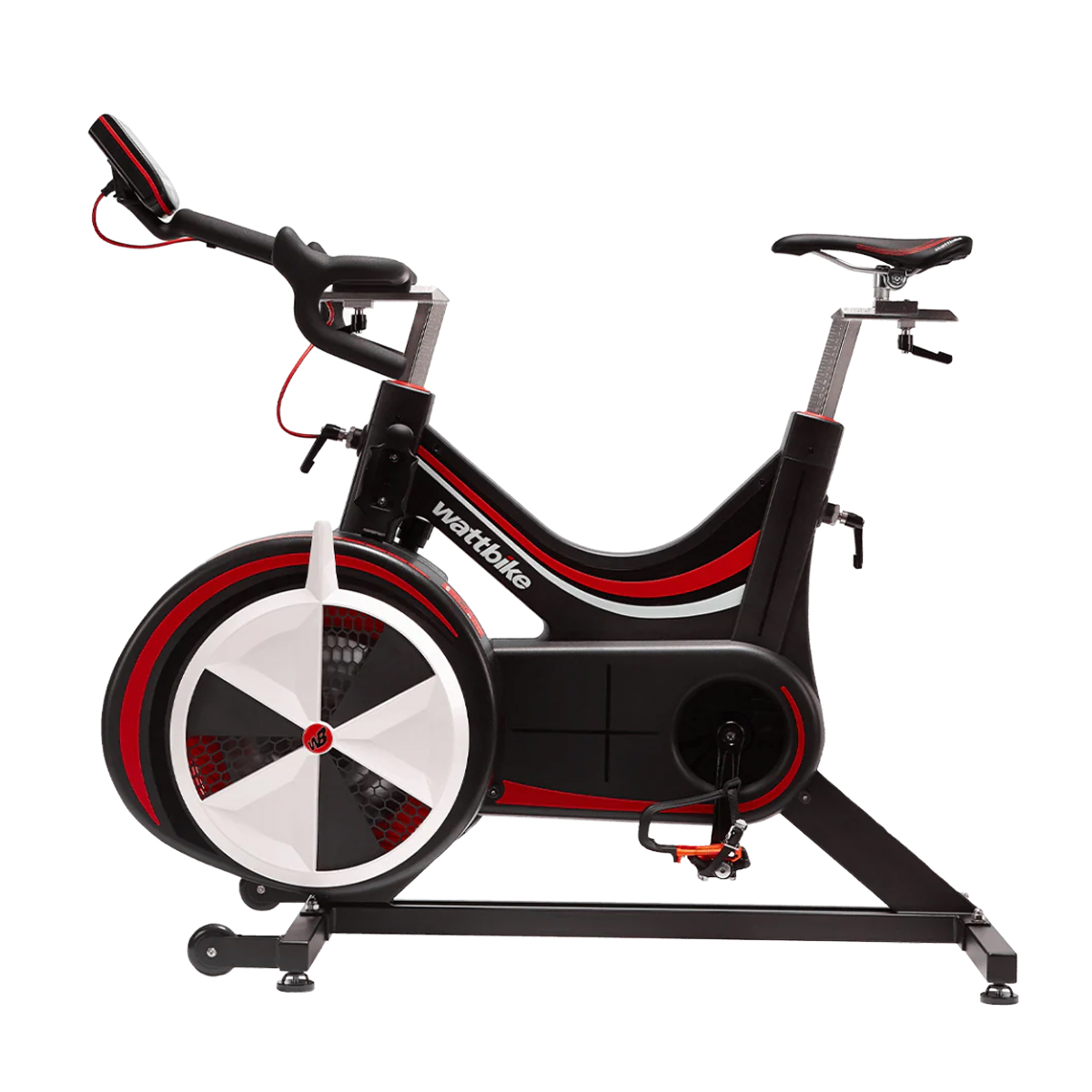Stationary exercise bike with black, red, and white design and "wattbike" logo on the frame.