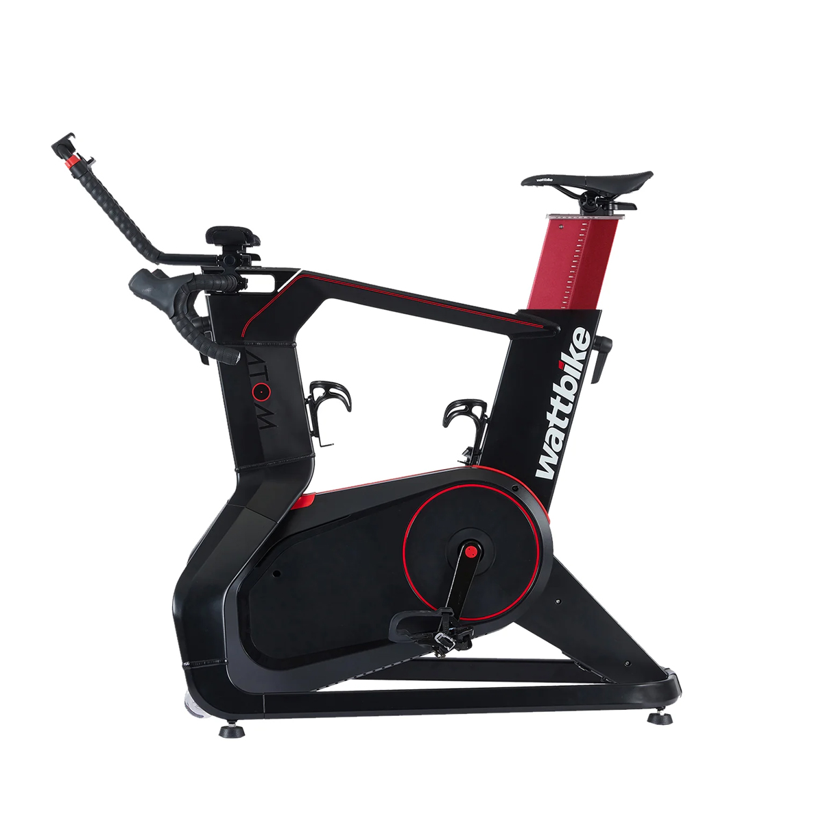 Black and red Wattbike indoor exercise bike with water bottle holders, adjustable seat, and drop handlebars.