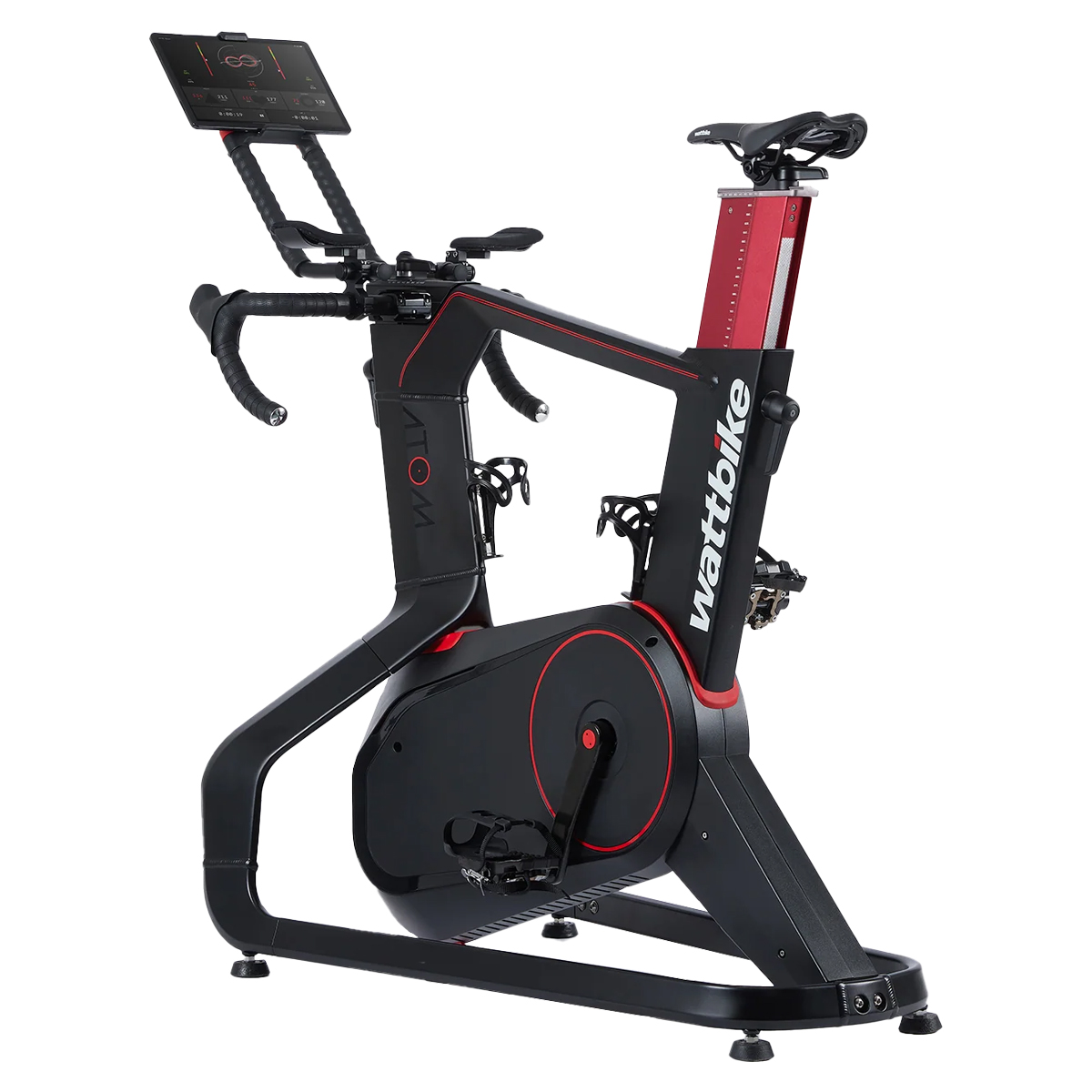 Black and red Wattbike Atom smart exercise bike with a digital display and drop handlebars on a white background.