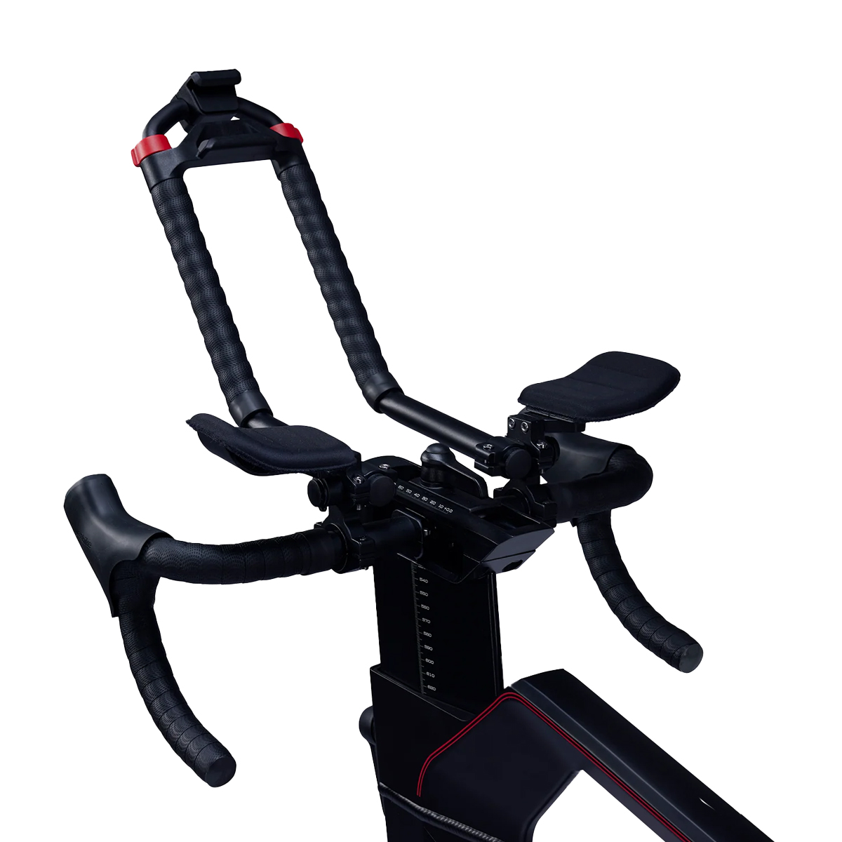Close-up of a black indoor bike handlebar with aero bars and arm pads against a white background.