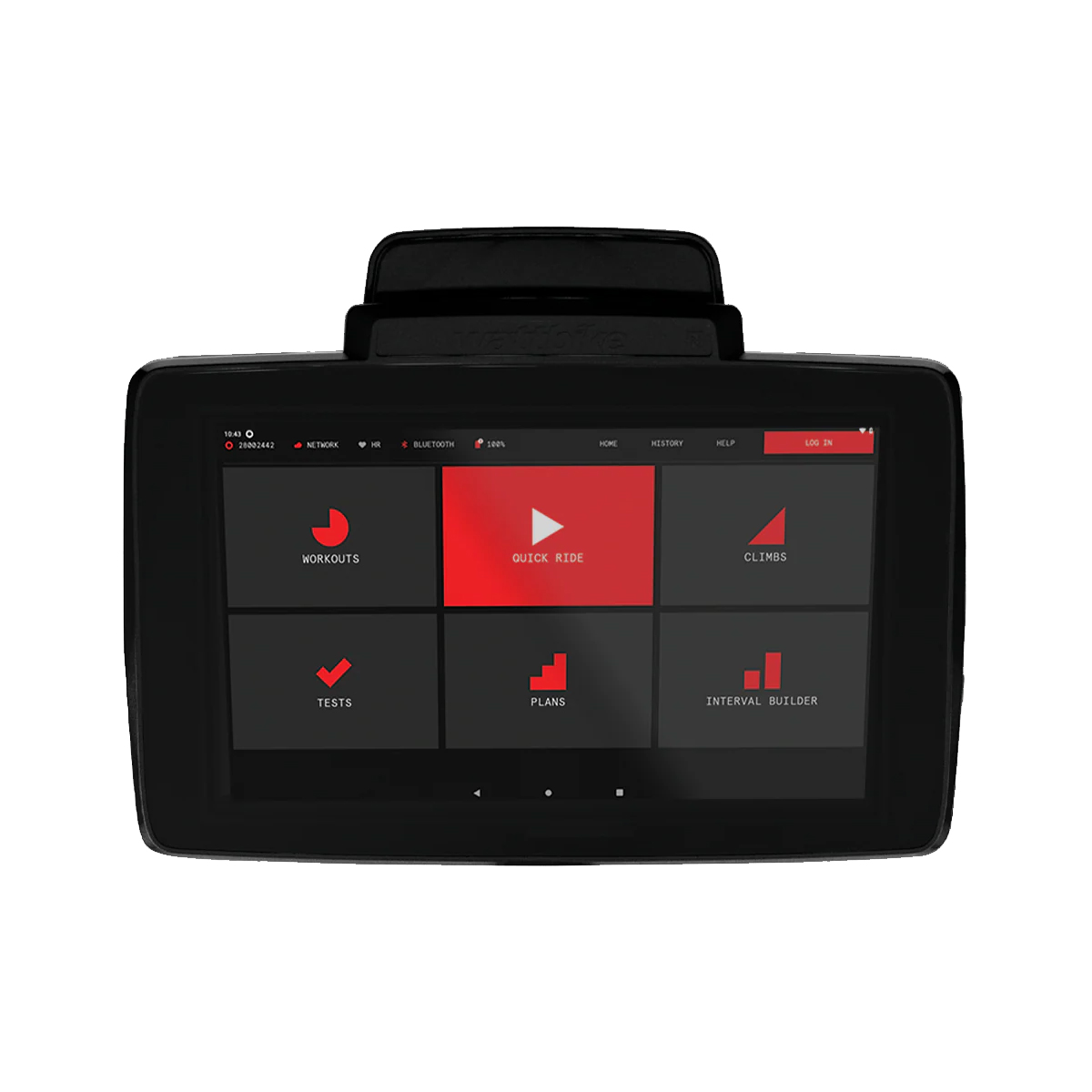 Black touchscreen display showing workout, quick ride, climbs, tests, plans, and interval builder options.