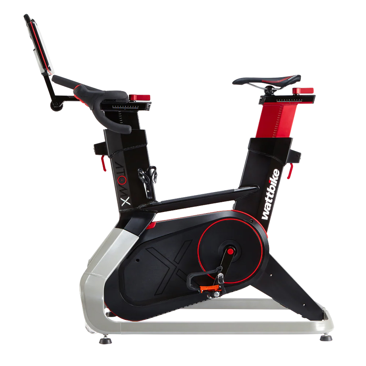 Stationary exercise bike with black, red, and white design, labeled "wattbike," on a white background.