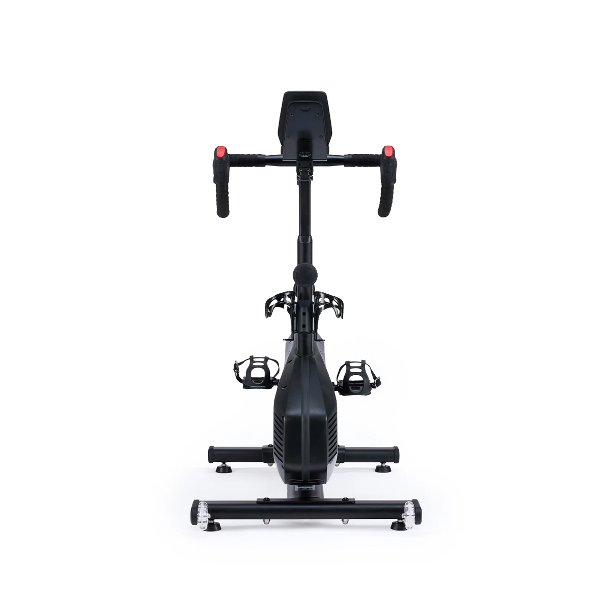 Front view of a black stationary exercise bike with handlebars, seat, and pedals on a white background.