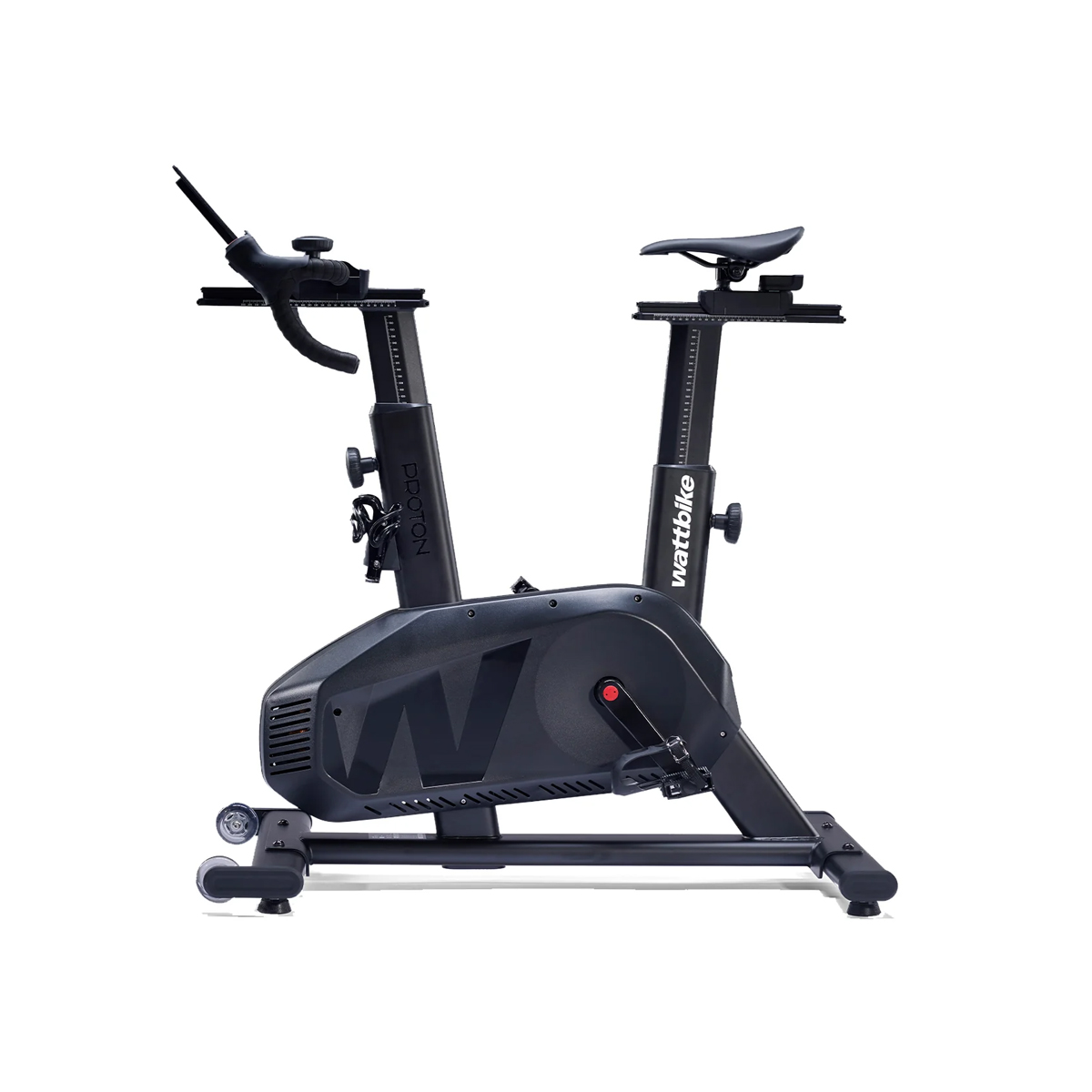 Black Wattbike stationary exercise bike with adjustable seat and handlebars on a white background.