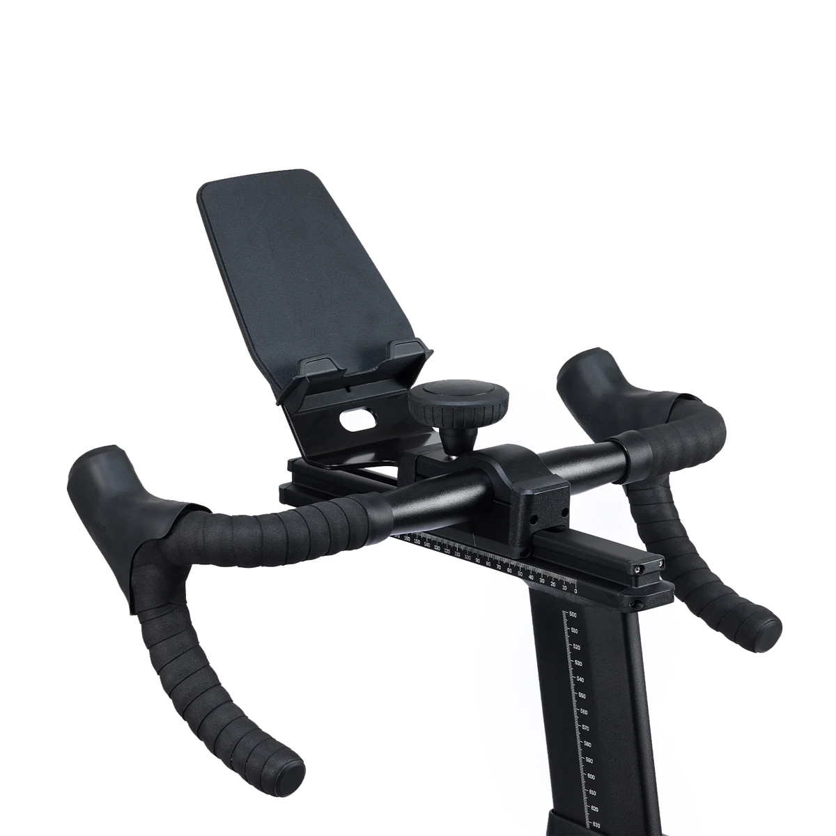 Black exercise bike handlebars with a built-in device holder, photographed on a white background.