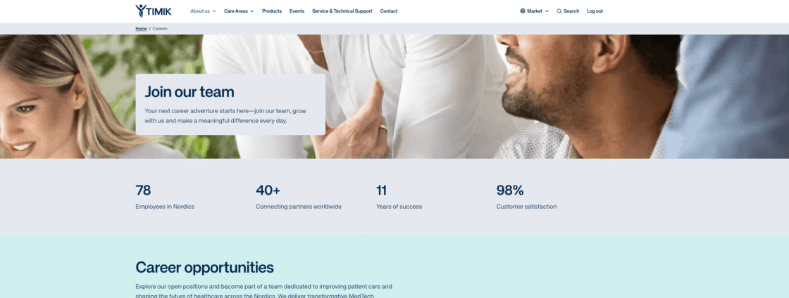 Website career page with "Join our team" banner, company stats, and smiling people in the background.