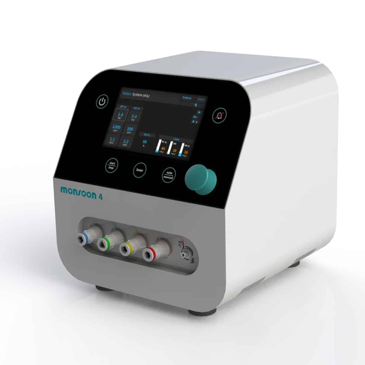 Medical device with a digital screen, labeled "monsoon 4," and multiple color-coded input connections.