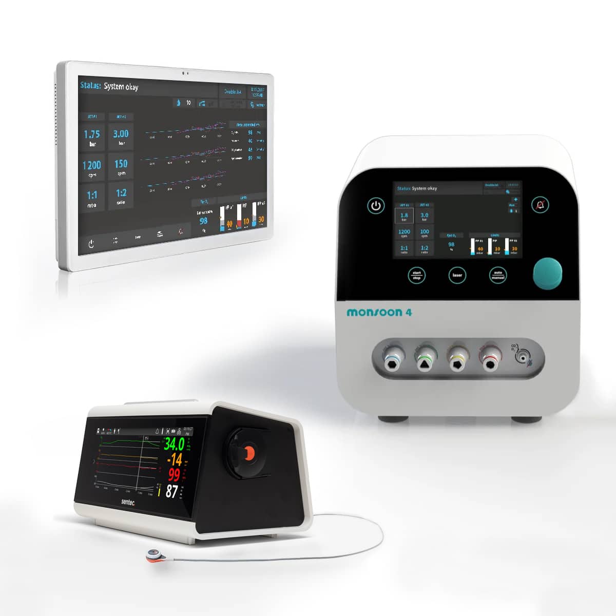 Three modern medical devices with digital display screens, showing graphs, numbers, and controls on a white background.