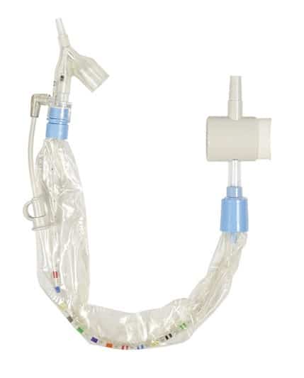 Closed suction catheter system for respiratory care, with clear tubing and blue connectors on a white background.