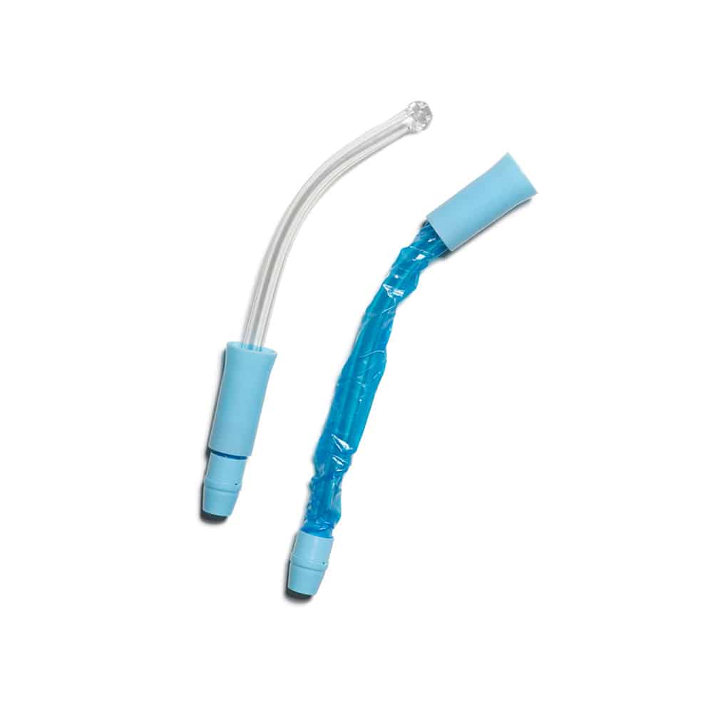 Two medical catheters with blue caps, one covered in blue plastic, on a white background.