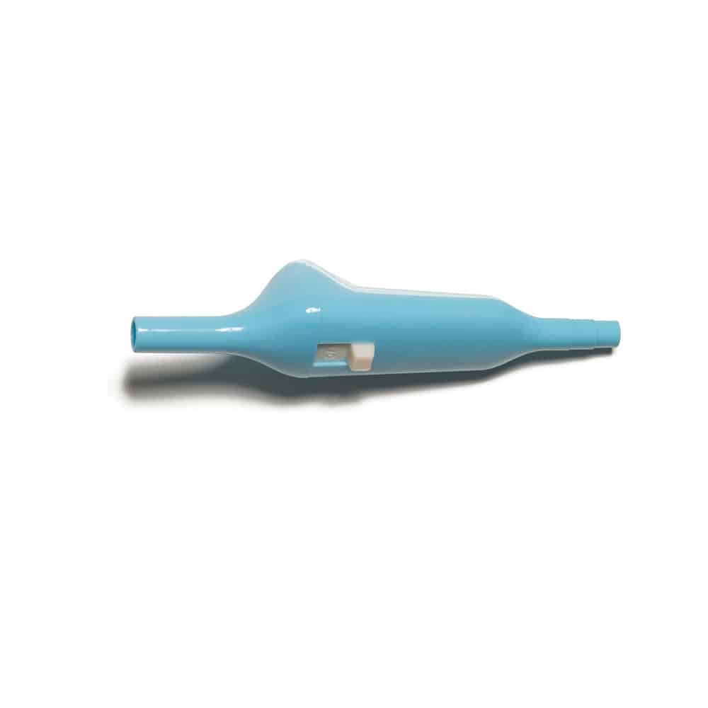 A blue plastic whistle with a white button, placed on a white background.