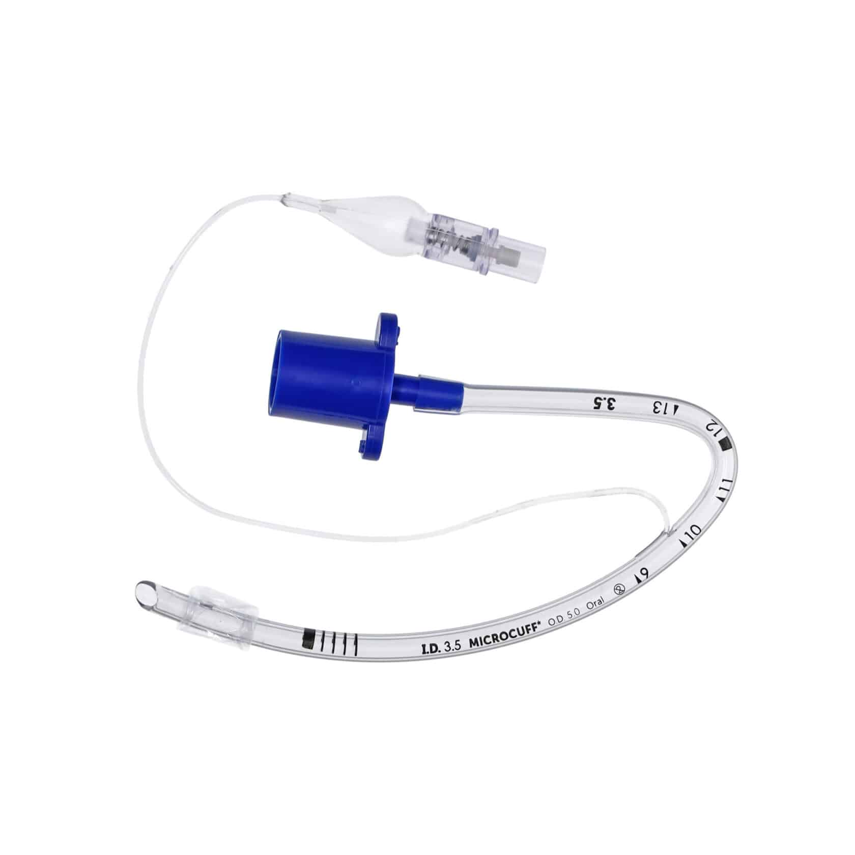 Clear endotracheal tube with blue connector and markings, labeled "MICROCUFF" and "I.D. 3.5" on a white background.
