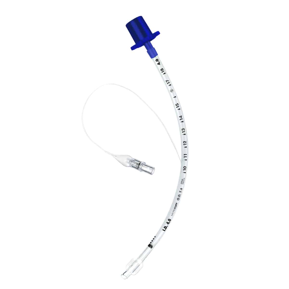 A medical endotracheal tube with a blue connector and measurement markings along the clear curved tube.