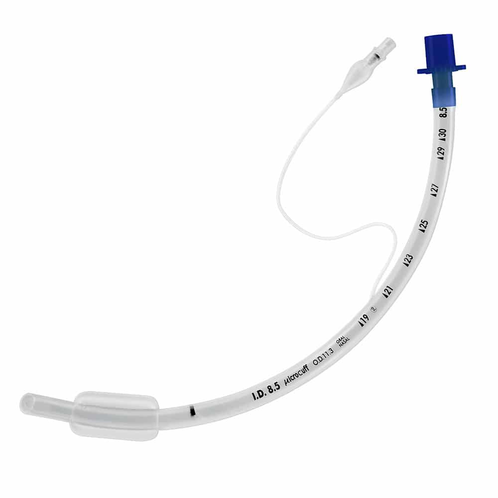 A medical endotracheal tube with a blue connector, measurement markings, and an inflatable cuff.