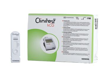 Clinitest hCG pregnancy test kit by Siemens with box and test strip visible.