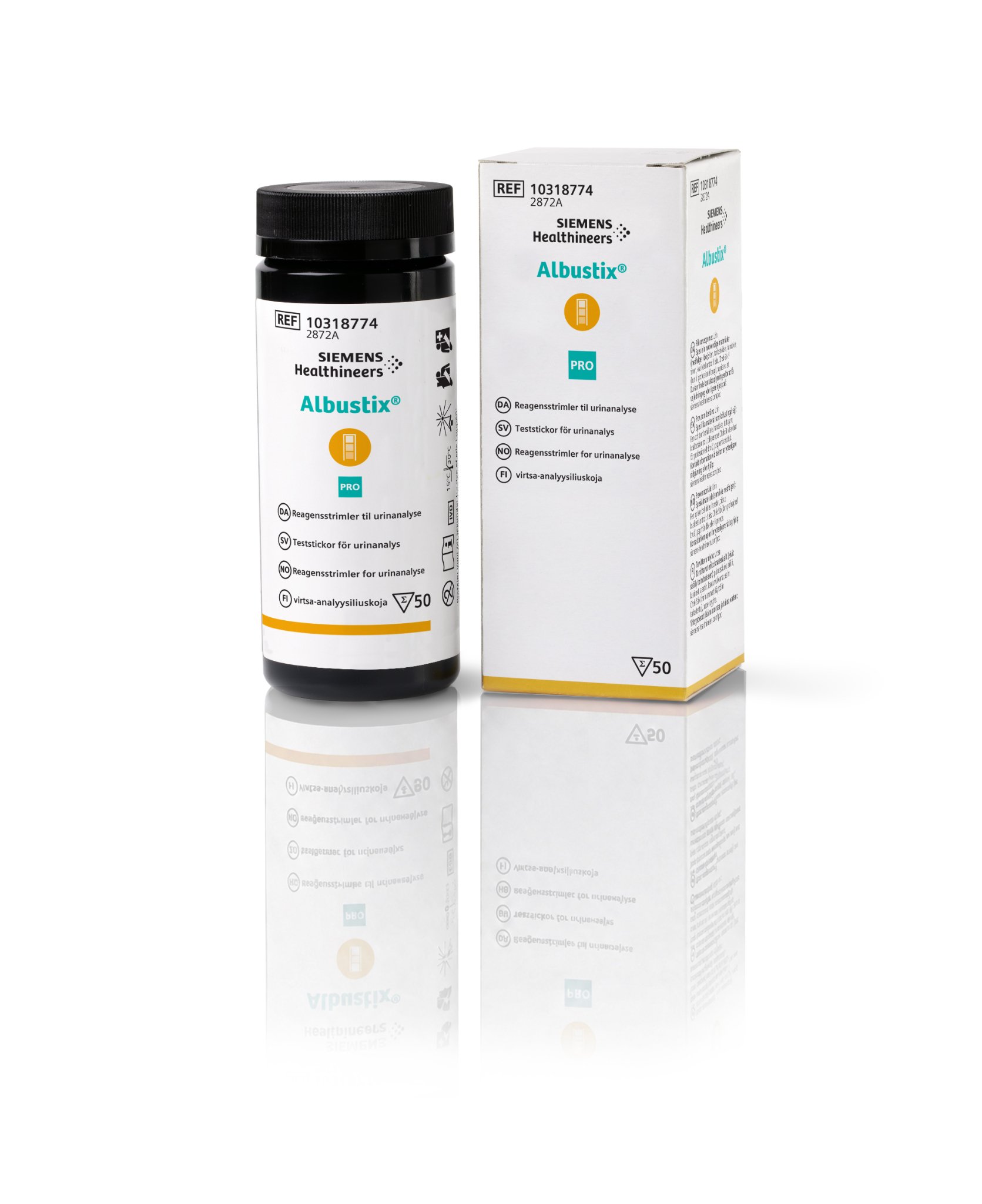 Siemens Healthineers Albustix PRO reagent strips bottle and box for urinalysis, 50 strips per package.